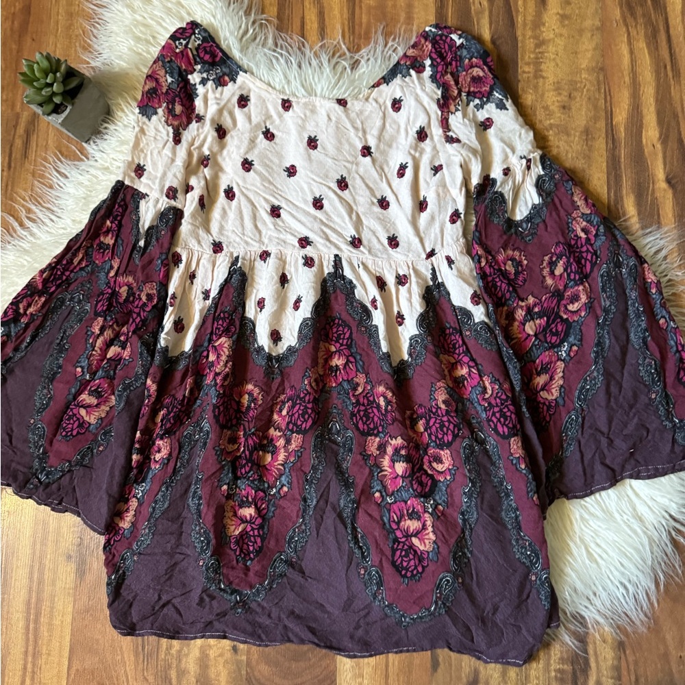 Free People Boho Floral Wide Sleeve Deep V Back Mini Dress